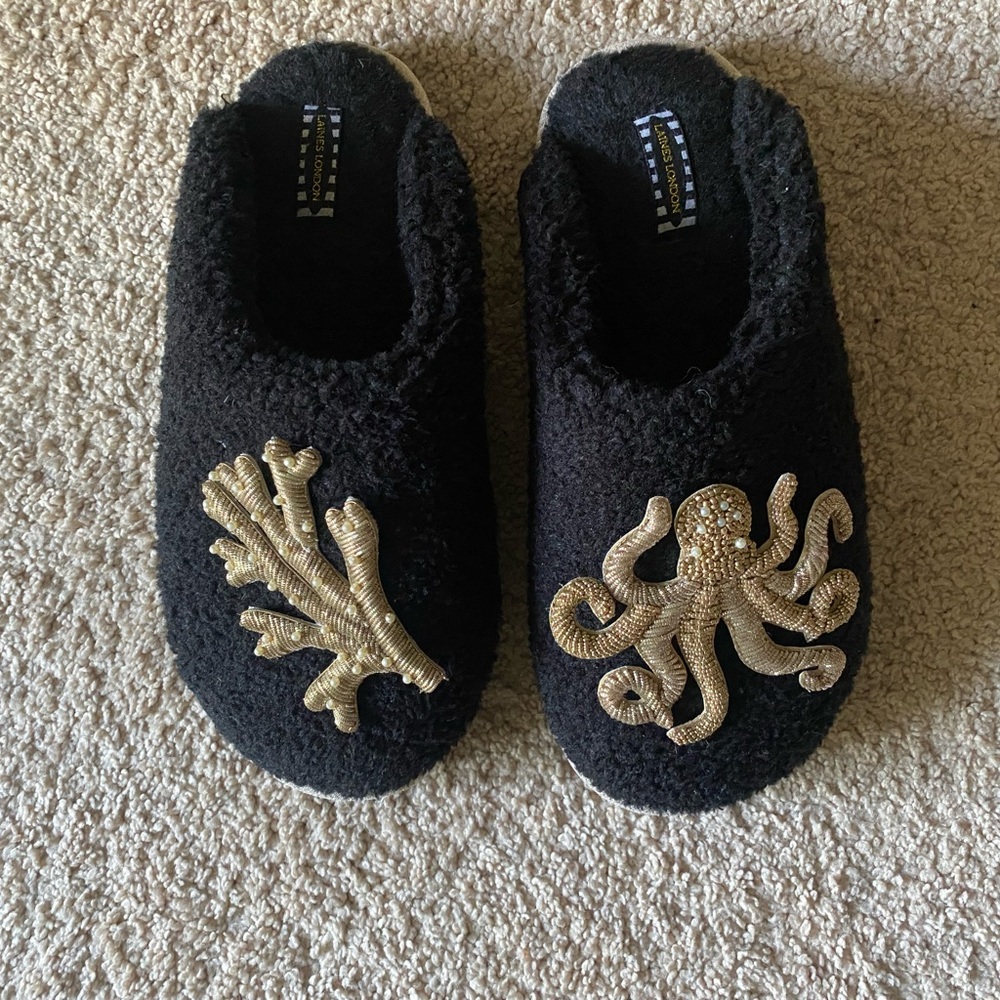 Wolf & Badger black fur slippers Laines London XL women’s teddy closed toe